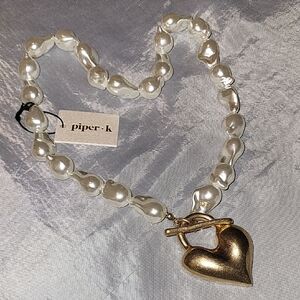 Piper K Pearl Faux and Gold Heart Necklace 21" BNWT TY TL